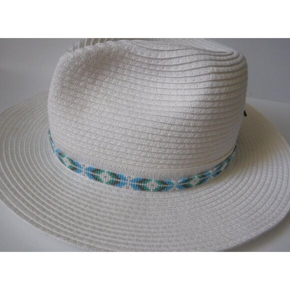 Beaded Hat Band White, Teals, Gray & Silver w/ Leather - Picture 1 of 5